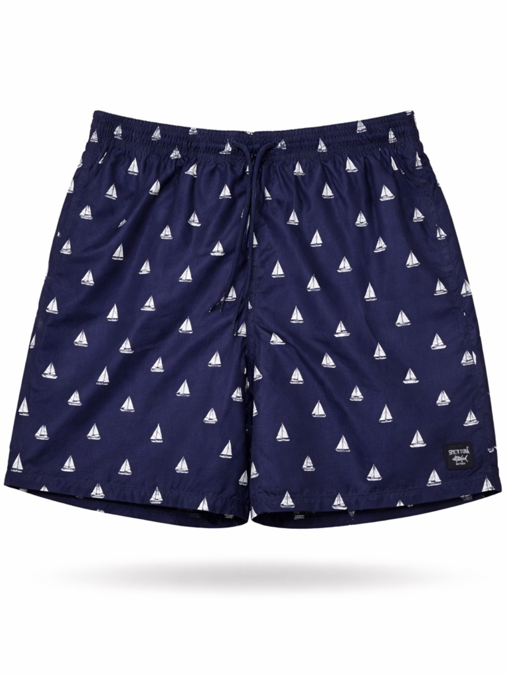 Spicy Tune - Men’s Navy Sailboat Print Swim Trunks
